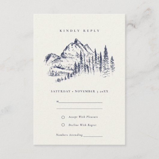 Navy Pine Bossen Mountain Sketch Wedding RSVP Informatiekaartje (Voorkant)