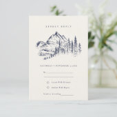 Navy Pine Bossen Mountain Sketch Wedding RSVP Informatiekaartje (Staand voorkant)