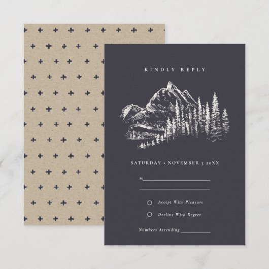 Navy Pine Bossen Mountain Sketch Wedding RSVP Informatiekaartje (Voorkant / Achterkant)