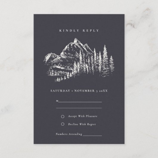 Navy Pine Bossen Mountain Sketch Wedding RSVP Informatiekaartje (Voorkant)