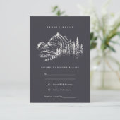 Navy Pine Bossen Mountain Sketch Wedding RSVP Informatiekaartje (Staand voorkant)
