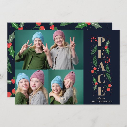 Navy Pine Holly Berries Gold Peace Multiple Photo Feestdagenkaart (Voorkant / Achterkant)