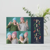 Navy Pine Holly Berries Gold Peace Multiple Photo Feestdagenkaart (Staand voorkant)