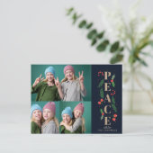 Navy Pine Holly Berries Gold Peace Multiple Photo Feestdagenkaart (Staand voorkant)