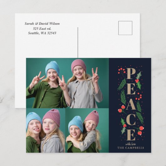 Navy Pine Holly Berries Gold Peace Multiple Photo Feestdagenkaart (Voorkant / Achterkant)