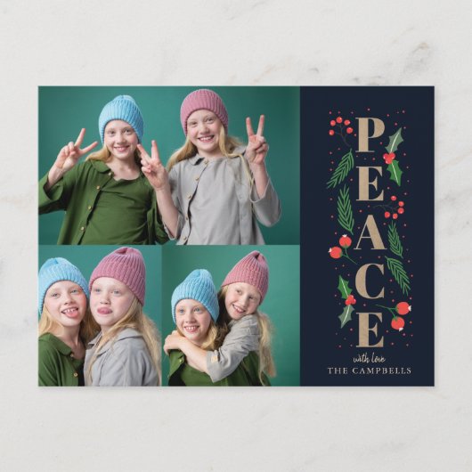 Navy Pine Holly Berries Gold Peace Multiple Photo Feestdagenkaart (Voorkant)
