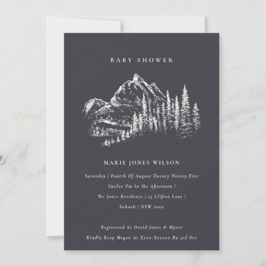 Navy Pine Mountain Sketch Baby shower Invite Bedankkaart (Voorkant)