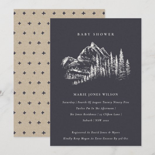 Navy Pine Mountain Sketch Baby shower Invite Bedankkaart (Voorkant / Achterkant)
