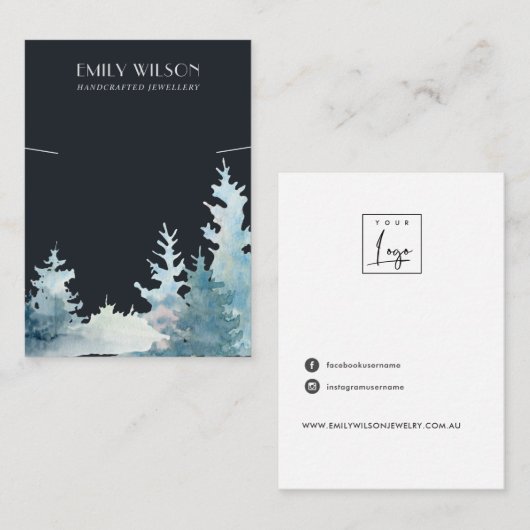 NAVY PINE TREE FOREST NECLACE BRACELET DISPLAY VISITEKAARTJE (Voorkant / Achterkant)