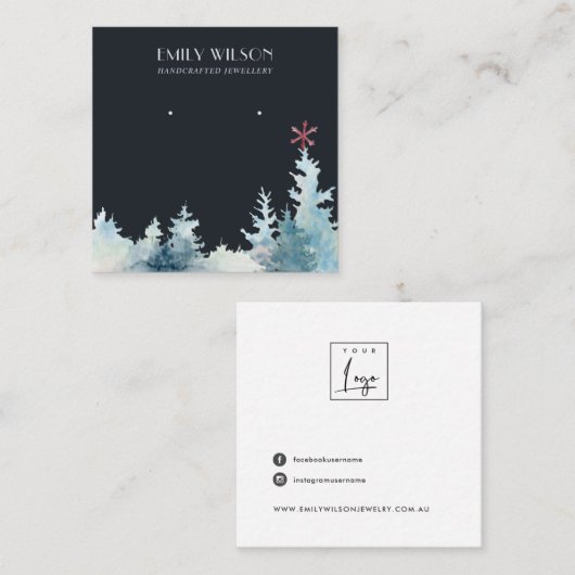 NAVY PINE TREE WINTER FOREST STUD EARRING DISPLAY VIERKANTE VISITEKAARTJE (Voorkant / Achterkant)