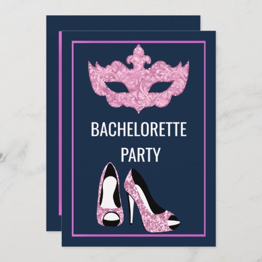 NAVY PINK BACHELORETTE HEELS MASQUERADE PARTIJ KAART (Voorkant / Achterkant)