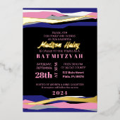 Navy Pink Bar Bat Mitzvah Invitation Gold Foil Folie Uitnodiging (Voorkant)