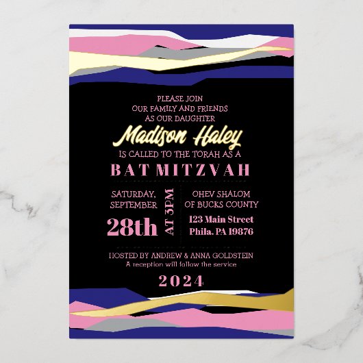 Navy Pink Bar Bat Mitzvah Invitation Gold Foil Folie Uitnodiging (Voorkant)