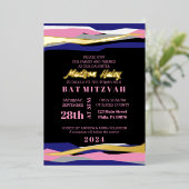 Navy Pink Bar Bat Mitzvah Invitation Gold Foil Folie Uitnodiging (Staand Voorkant)