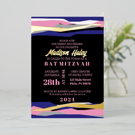 Navy Pink Bar Bat Mitzvah Invitation Gold Foil Folie Uitnodiging (Staand Voorkant)