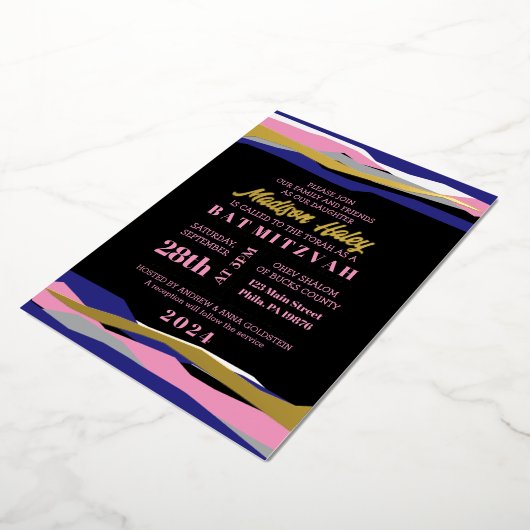 Navy Pink Bar Bat Mitzvah Invitation Gold Foil Folie Uitnodiging (Gedraaid)