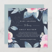 NAVY PINK BLAUWE WATERVERF BABY SHOWER KAART (Voorkant / Achterkant)