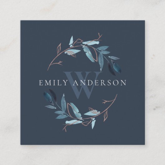 NAVY PINK BLUE FOLIAGE INITIAAL WREATSBERICHT VIERKANTE VISITEKAARTJE (Voorkant)