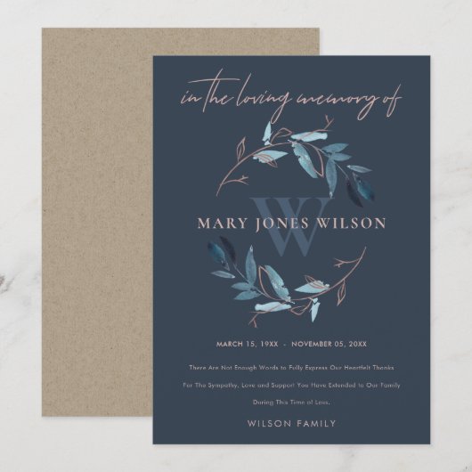 NAVY PINK BLUE FOLIAGE WREATH SYMPATHY MEMORIAL BEDANKKAART (Voorkant / Achterkant)