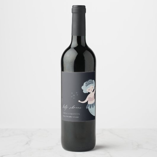 NAVY PINK BLUSH BLUE LITTLE MERMAID BABY SHOWER WIJN ETIKET (Voorkant)