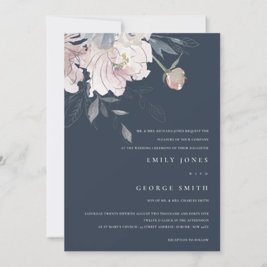NAVY PINK BLUSH WATERVERF FLORAL WEDDING INVITE BEDANKKAART (Voorkant)