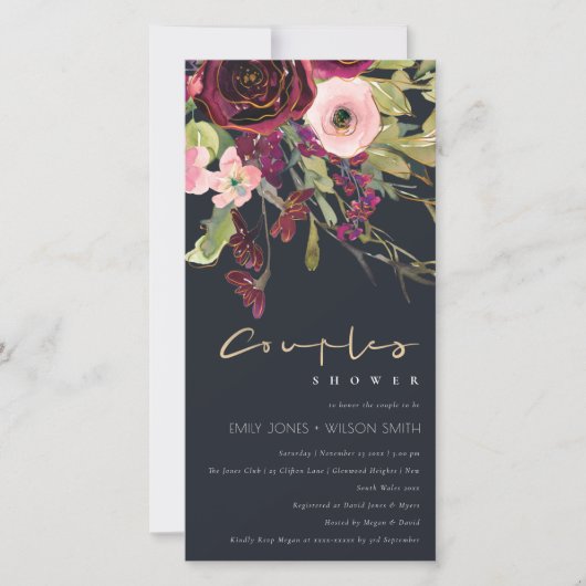 NAVY PINK BURGUNDY ROOS FLORA COUPLE SHOWER INVITE BEDANKKAART (Voorkant)