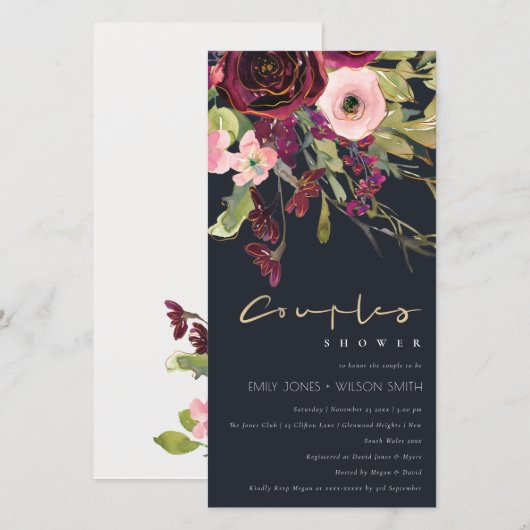 NAVY PINK BURGUNDY ROOS FLORA COUPLE SHOWER INVITE BEDANKKAART (Voorkant / Achterkant)