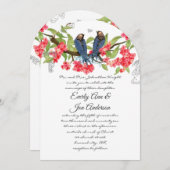 Navy Pink Coral Lovebird Forest Fairytale Weddensc Kaart (Voorkant / Achterkant)