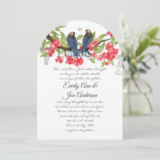 Navy Pink Coral Lovebird Forest Fairytale Weddensc Kaart (Staand voorkant)