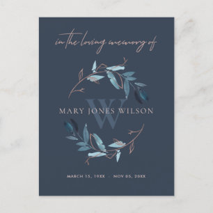 NAVY PINK FAUNA WREATH SYMPATHY MEMORIAL SERVICE UITNODIGING BRIEFKAART