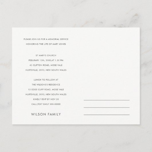 NAVY PINK FAUNA WREATH SYMPATHY MEMORIAL SERVICE UITNODIGING BRIEFKAART (Achterkant)