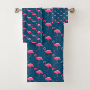 NAVY PINK FLAMINGO BATHROOM TOWEL SET BAD HANDDOEK