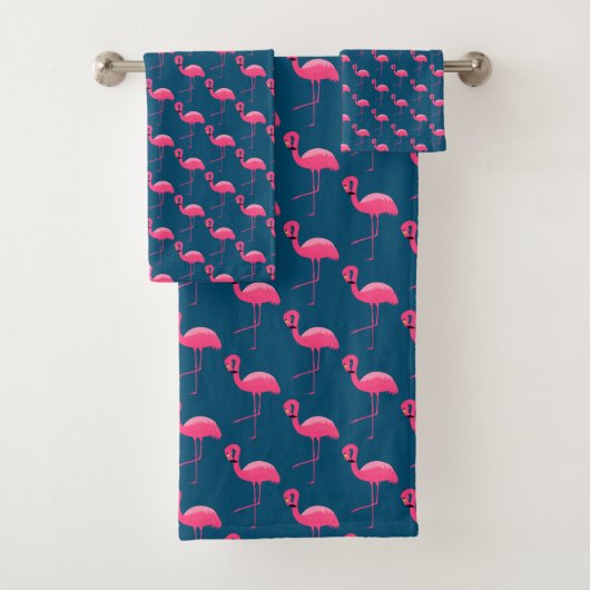 NAVY PINK FLAMINGO BATHROOM TOWEL SET BAD HANDDOEK (Insitu)