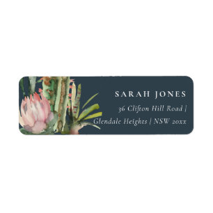 NAVY PINK FLORAL CACTI FOLIAGE WATERVERF ADRES ETIKET