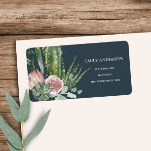 NAVY PINK FLORAL CACTI FOLIAGE WATERVERF ADRES ETIKET