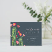 Navy Pink Floral Cacti Foliage Waterverf RSVP Briefkaart (Staand voorkant)