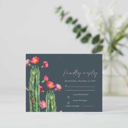 Navy Pink Floral Cacti Foliage Waterverf RSVP Briefkaart (Staand voorkant)