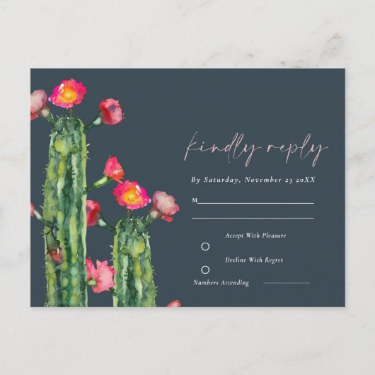 Navy Pink Floral Cacti Foliage Waterverf RSVP Briefkaart (Voorkant)