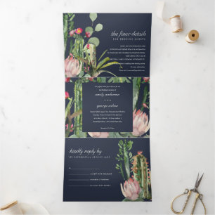 NAVY PINK FLORAL CACTI FOLIAGE WATERVERF WEDDING DRIELUIK UITNODIGING