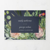 NAVY PINK FLORAL CACTI FOLIAGE WATERVERF WEDDING DRIELUIK UITNODIGING (Cover)