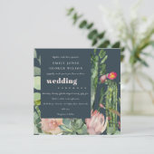 NAVY PINK FLORAL CACTI FOLIAGE WATERVERF WEDDING KAART (Staand voorkant)