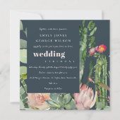 NAVY PINK FLORAL CACTI FOLIAGE WATERVERF WEDDING KAART (Voorkant)