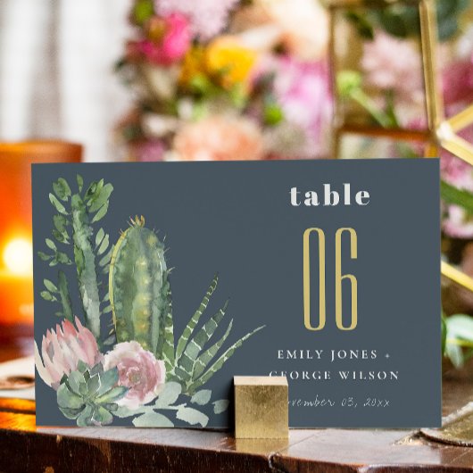 NAVY PINK FLORAL CACTI FOLIAGE WATERVERF WEDDING KAART