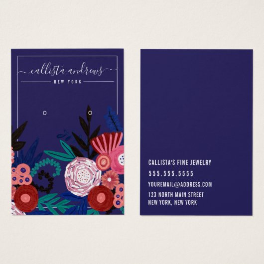 Navy Pink Floral Cursive Earring Display Kaart (Voorkant /achterkant)