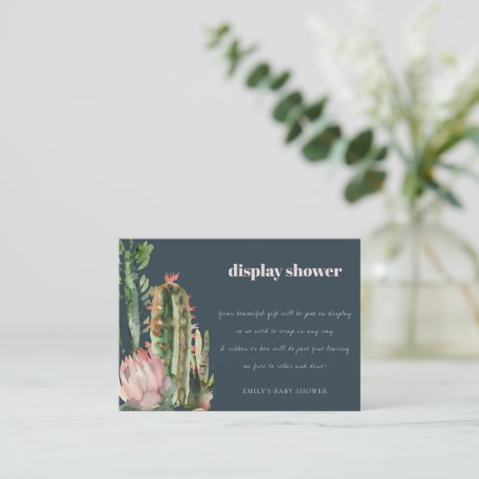 NAVY PINK FLORAL DESERT CACTI DISPLAY BABY SHOWER INFORMATIEKAARTJE (Staand voorkant)