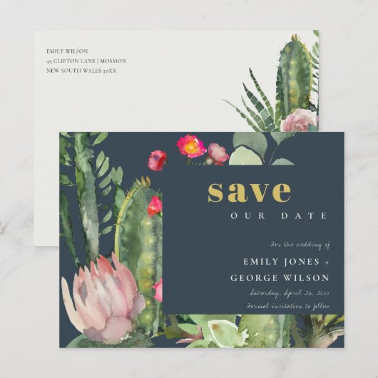 NAVY PINK FLORAL DESERT CACTI FAUNA BEWAREN DE DAT AANKONDIGINGSKAART (Voorkant / Achterkant)