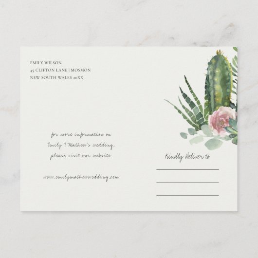 NAVY PINK FLORAL DESERT CACTI FAUNA BEWAREN DE DAT AANKONDIGINGSKAART (Achterkant)