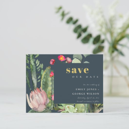 NAVY PINK FLORAL DESERT CACTI FAUNA BEWAREN DE DAT AANKONDIGINGSKAART (Staand voorkant)