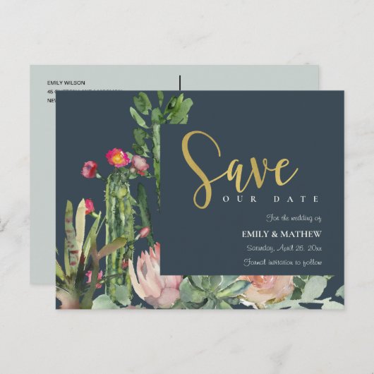 NAVY PINK FLORAL DESERT CACTI FAUNA BEWAREN DE DAT AANKONDIGINGSKAART (Voorkant / Achterkant)