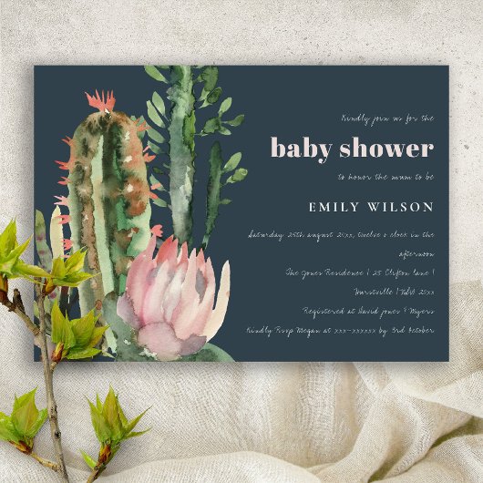 NAVY PINK FLORAL DESERT CACTI FOLIAGE BABY SHOWER KAART